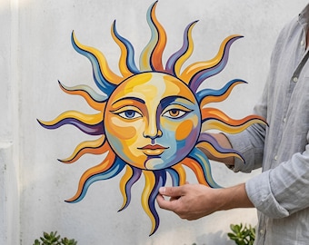 Vibrant Sun Face Wall Decor, Multi Color Metal Art, Artistic Sunburst Sign for Porch, Eclectic Backyard Decoration