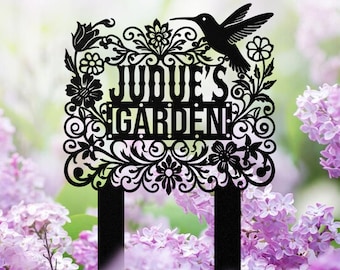 Letrero de metal personalizado para jardín, estaca de pájaro y flor, decoración de jardín al aire libre, arte de jardín, Día de la Madre, regalo para jardineros.