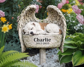 Personalized Pet Memorial Stone, Dog Angel Wings Garden Statue, Custom Pet Grave Marker with Name