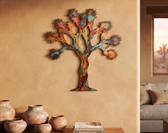 May include: A wall-mounted metal sculpture shaped like a Joshua tree, featuring a multi-colored patina with shades of orange, red, yellow, and teal. The tree has a central trunk that branches out into several limbs, each ending in a spiky foliage cluster.