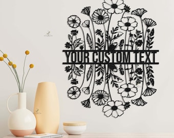 Arte de pared de metal con flores silvestres personalizado, letrero de metal personalizado, letrero de bienvenida con flores silvestres, letrero con apellido familiar, decoración de granja con flores para primavera