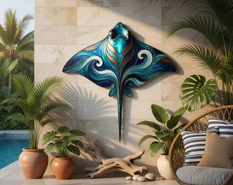 Blue Stingray Outdoor Wall Metal Decor, Tropical Paradise Art, Summer House Sign, Coastal Beach House Wall Hanging