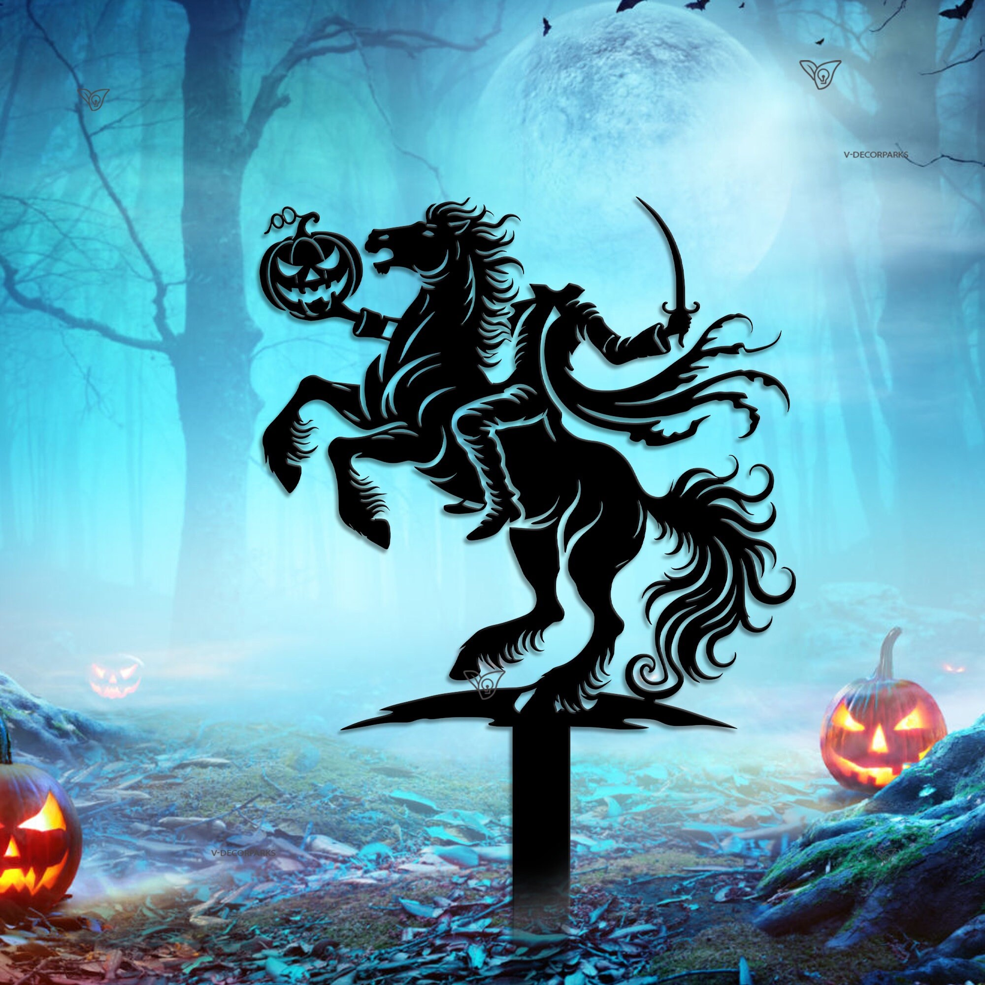 Headless Horseman Metal Yard Stake, Halloween Garden Stake Plaque