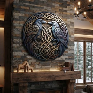 May include: A circular wall art piece featuring two detailed ravens facing each other, set against an intricate, interwoven Celtic knotwork background. The design incorporates metallic bronze, blue, and purple tones with visible runic symbols.