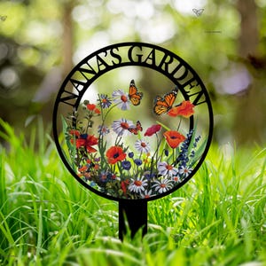 Letrero de metal personalizado para jardín con estacas, letrero de pared con nombre de jardín personalizado, letrero de flores para jardín, arte de metal para patio, regalo de inauguración de la casa, decoración para exteriores