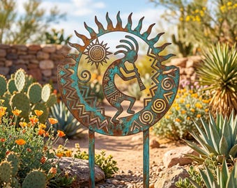 Kokopelli Metal Garden Stake, Southwest Sun Yard Art, Outdoor Spirit Decor