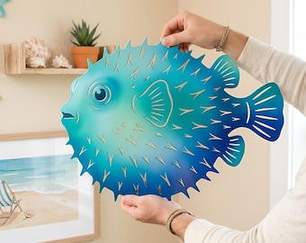 Tropical Puffer Fish Wall Decor, Teal Metal Art for Bathroom, Ocean Life Nautical Sign, Beach House Restroom Art