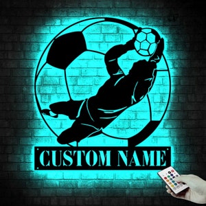 Arte de parede de metal personalizada com jogador de futebol e luz LED - Placa de nome de goleiro de futebol personalizada para decoração de casa - Ideal para decoração e presente