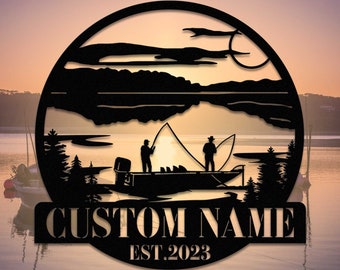 Letrero de metal con nombre y escena de barco pesquero, decoración de cabaña al aire libre, regalo de pesca para hombres, letrero de pesca personalizado para amantes de la naturaleza, regalo de pescador para padrinos de boda