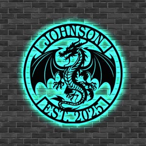 Custom Dragon Name Sign with LED Light, Personalized Family Name Sign, Metal Mythical Dragon Decor , Fantasy Lover Gift , Dragon Lover Gift