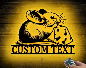 Custom Cute Rat With Cheese Metal Wall Art LED Light Personalized Rat Owner Name Sign Home Decor Kid Nursery Decoration Mouse Lover Birthday