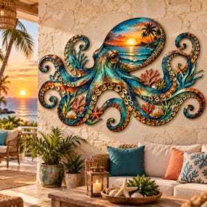 May include: A large metal wall art piece shaped like an octopus with a patina finish in shades of blue, green, and copper. The octopus head features a circular inset depicting a tropical sunset over the ocean with palm trees and waves.