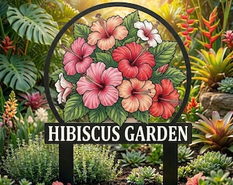Custom Hibiscus Garden Sign, Personalized Flower Metal Stake, Tropical Yard Art Decor