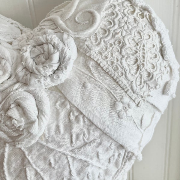 Crispy WHITE Vintage Embroidered Heart! Gorgeous!