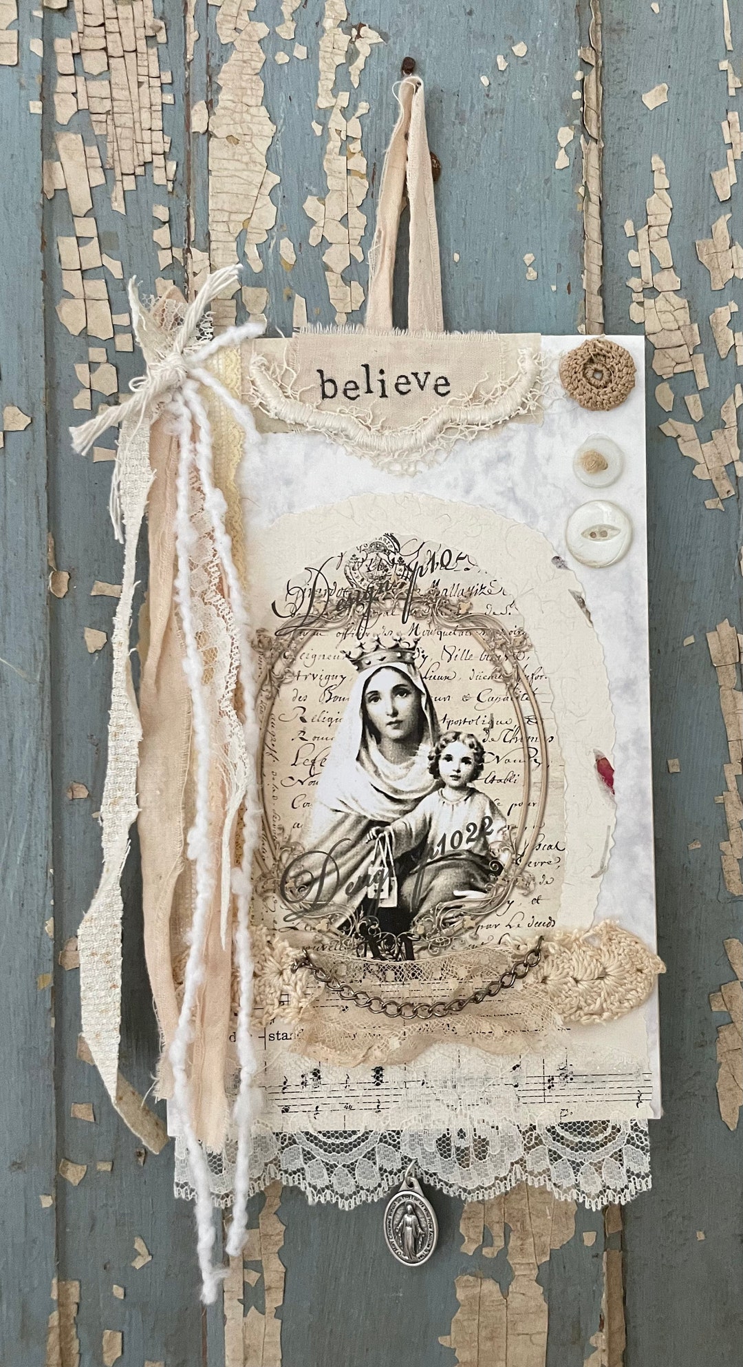 Vintage Blessed Mary & Antique Lace Book Cover Medal Etsy