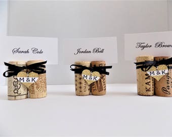 Wine Cork Place Card Holders Set of 10 Two Cork Bundles Gold Glitter Heart Your Initials Color Ribbon Wedding Rehearsal Dinner Anniversary