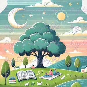Reading At The Park Digital Art Screensaver for Kobo Libra Color E-Reader