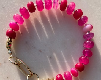Pink Gemstone Beaded Bracelet: Gold Clasp, Boho Candy Style