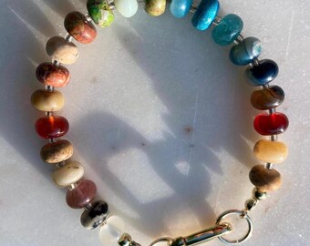 Earthy Rainbow Gemstone Bracelet: Boho Beaded Jewelry, Gold Clasp