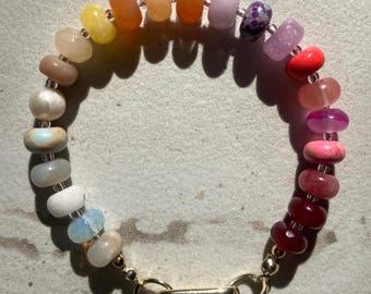 Rainbow Gemstone Bracelet: Beaded Boho Style, Gold Clasp