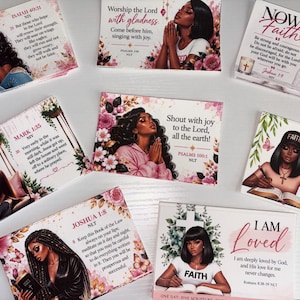 May include: A collection of seven rectangular cards featuring illustrations of Black women, floral accents, and Bible verses. Each card displays unique text including Isaiah 40:31, Psalms 100:1, Joshua 1:8, and Romans 8:38-39, alongside artistic depictions of faith and prayer.