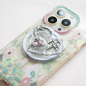 Chrome Silver Resin Magnetic Phone Grip, 3D Silver Grip For Kindle, Magnetic Folding Base, Phone Accesories, Love Sharp Phone Grip