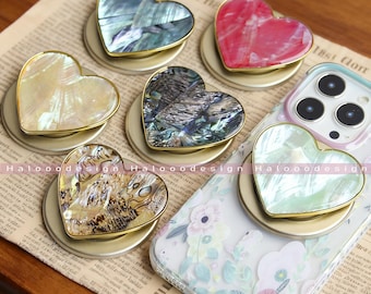 Echte Abalone Muschel magnetische Handy Griff, Muschel Harz Handy Griff, magnetische klappbare Basis, Herzform Kindle Griff, natürliche blaue Abalone Muschel