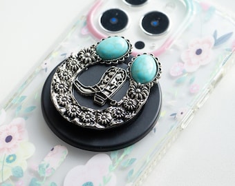 Turquoise Stone Embellished Phone Grip,Antique Silver Metal Magnetic Phone Grip,3D Grip For Kindle,Magnetic Folding Base,Cell Phone Holder