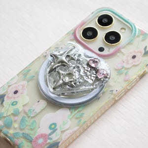 Chrome Silver Resin Magnetic Phone Grip, 3D Silver Grip For Kindle, Magnetic Folding Base, Phone Accesories, Love Sharp Phone Grip