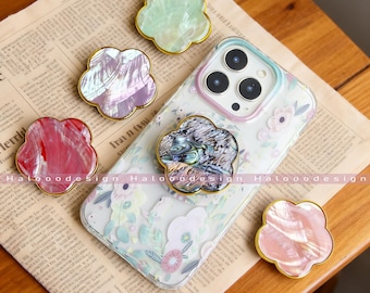 Real Abalone Shell Magnetic Phone Grip, Sea Shell Resin Phone Grip,Magnetic Folding Base,Heart Shape Kindle Grip,Natural Blue Abalone shell
