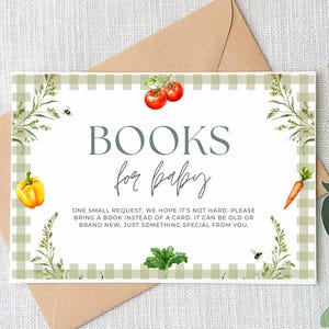 Bewerkbare lokaal geteelde babyshowerboeken voor babykaart, boerenmarkt babyshowerboek verzoekkaart, babyshower invoegen, afdrukbaar
