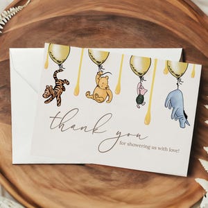 Tarjeta clásica de agradecimiento para baby shower de Winnie Pooh, tarjetas de agradecimiento de Winnie Pooh, plantilla editable, descarga instantánea, imprimible