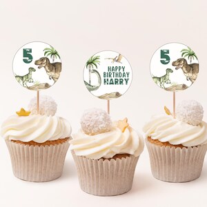 Editable Dinosaur Birthday Cupcake Toppers Decorations Dino Party Template Instant Digital Download Printable T Rex Jurassic Cake Topper