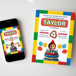 Building Blocks Birthday Photo Invitation Building Bricks Kids Birthday Party Invite Boy Building Block Party Building Bricks Invite