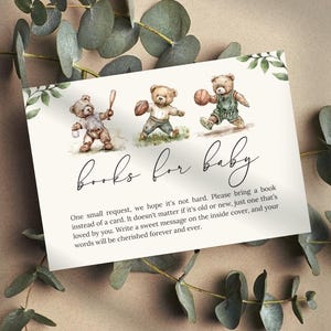 Books for Baby Card, Book Request Card, Boys Bear Baby Shower, Sports Teddy Boys Bear Vintage, thank you card books for baby, Template