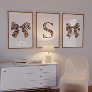 Leopard Bow Custom Initial Name Art, Trendy Girly Posters, Girl Nursery Set of 3, Wall Art, Digital Download, Printable, Framed