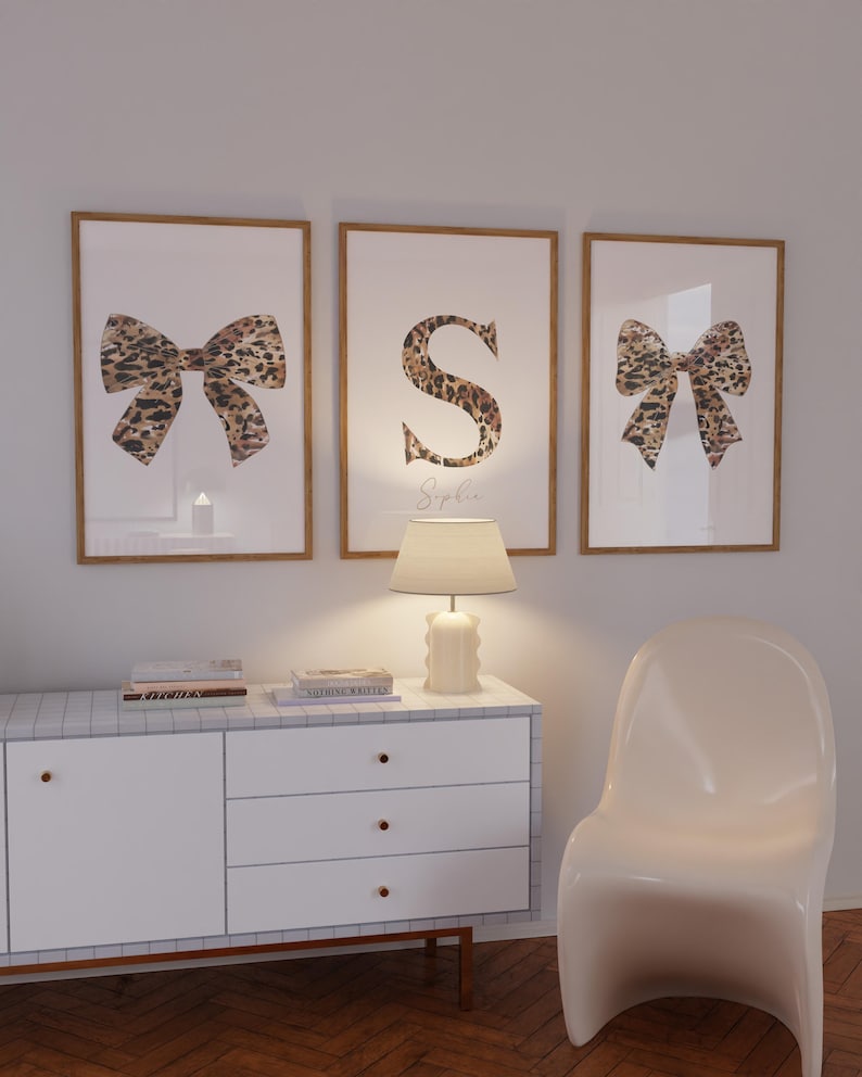 Leopard Bow Custom Initial Name Art, Trendy Girly Posters, Girl Nursery Set of 3, Wall Art, Digital Download, Printable, Framed