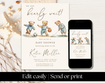 Teddy Bear Baby Shower Invite Boy Blue Boys Bear Baby Shower We Can Bearly Wait Sports Teddy Boys Bear Vintage Instant Download Printable