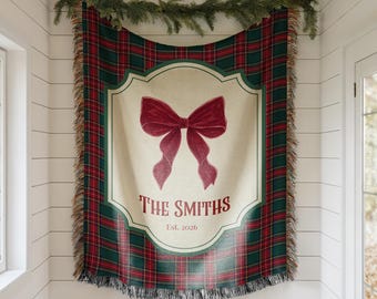 Personalized Christmas Family Blanket ∙ Red Bow Plaid Tartan Blanket ∙ Holiday Home Decor ∙ 2283