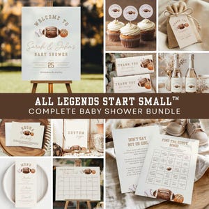 May include: A complete baby shower bundle with a sports theme. Includes a welcome sign, cupcakes, thank you cards, and games. The sign says "Welcome to Sarah & John's Baby Shower". The text "All Legends Start Small" is also visible.