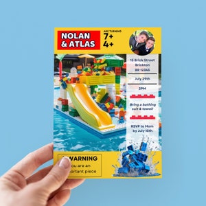 Bricks Pool Birthday Invite Building Blocks Birthday Invitation Joint Birthday Invite Building Blocks invite Digital Editable Template #1108