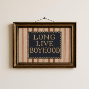 Puede incluir: Obra de arte enmarcada con el texto "LONG LIVE BOYHOOD" en punto de cruz. La obra presenta un fondo azul marino con letras color crema, sobre una tela a rayas beige y rojas. El marco es de color dorado oscuro.