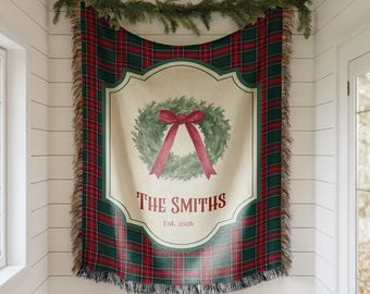 Personalized Christmas Family Blanket ∙ Wreath Plaid Tartan Blanket ∙ Holiday Home Decor ∙ 2282