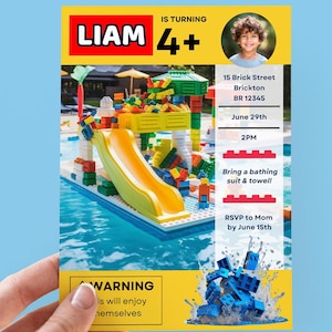 Bricks Pool Birthday Invite with photo Birthday Invitation Pool Birthday Invite Building Blocks invite Digital Editable Template #1093