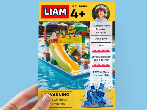 Bricks Pool Birthday Invite with photo Birthday Invitation Pool Birthday Invite Building Blocks invite Digital Editable Template #1093