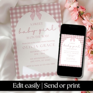 Rosa Baby Shower Gingham Einladung Vorlage, Gingham rosa Schleife, rosa Vichykaro, klassisches Mädchen-Baby-Dusche-Einladung, Sofort Download
