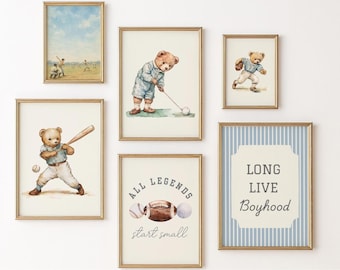 Vintage Sports Nursery Gallery Wall Art Set of 6 • Teddy, Golf, Baseball (Digital, Printable)