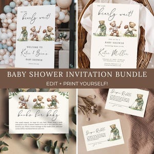 Bear Baby Shower Bundle, Baby Shower Invitation Set, Diaper Raffle Card, Books for Baby Card, We Can Bearly Wait, Editable Template