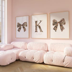 Leopard Bow Custom Initial Name Art, Trendy Girly Posters, Girl Nursery Set of 3, Wall Art, Digital Download, Printable, Framed