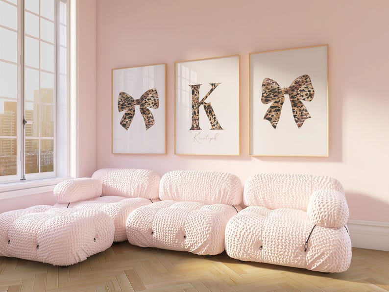 Leopard Bow Custom Initial Name Art, Trendy Girly Posters, Girl Nursery Set of 3, Wall Art, Digital Download, Printable, Framed